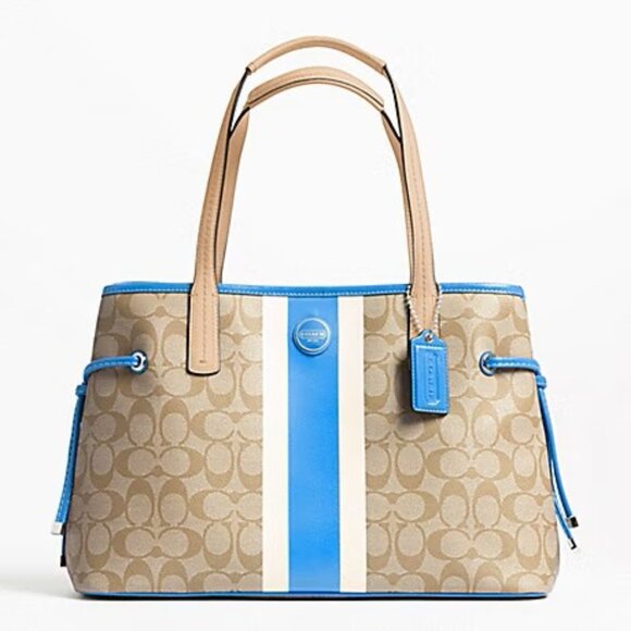 Coach Leather Signature Blue Stripe Carryall Tote Bag - Picture 1 of 8